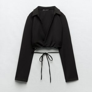 Zara Textured Top Cropped Collar Lace Up Black